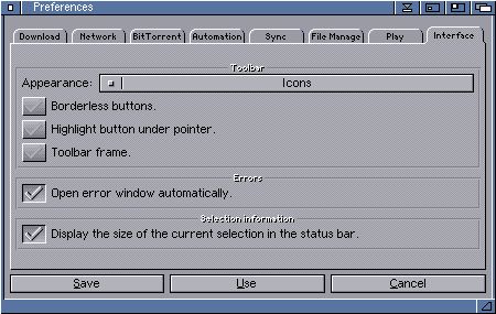 AmiPodder preferences window, interface tab
