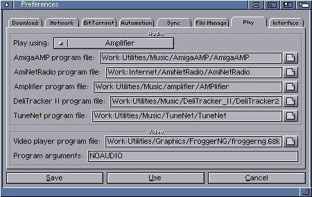 AmiPodder preferences window, play tab